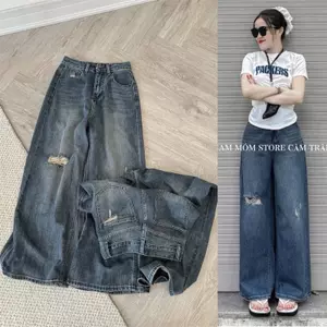 Quần Jean Nữ Ống Suông Rách Nhẹ Chezi House, Quần Bò Nữ Xanh Ánh Mài Dáng Suông Vừa Hack Dáng Dài 98cm CHEZI HOUSE #8324