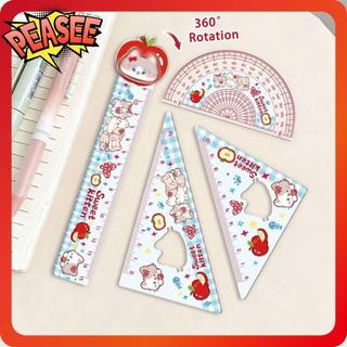 Bộ thước kẻ thẳng PEASEE 4 món hình mèo con, màu đỏ/xanh lá, thước đo hoạt hình vẽ văn phòng phẩm trường học