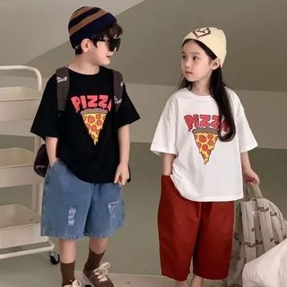 Áo thun cotton cho bé trai bé gái in chữ Pizza - áo tay ngắn form rộng phong cách Hàn Quốc mùa hè