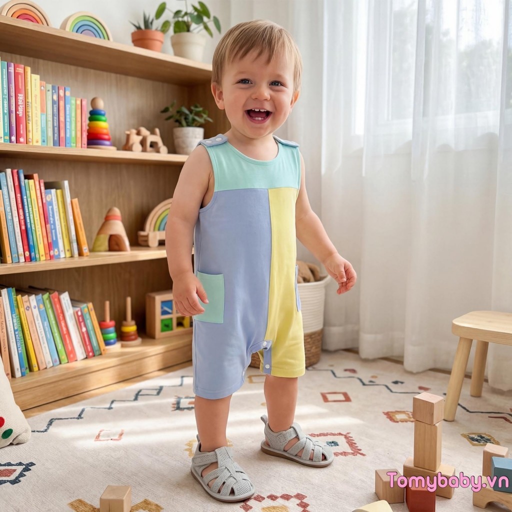Bộ áo liền quần mùa hè cho bé trai Màu sắc tương phản thông thường Bộ áo liền quần không tay