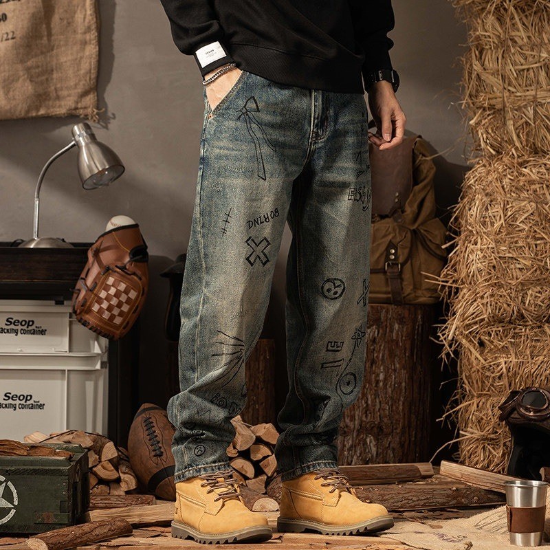 Quần denim màu xanh retro nam, phù hợp mùa đông với phong cách hàng ngày cho chân thẳng.