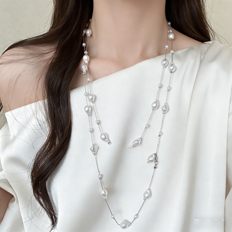 Áo len và dây chuyền ngọc trai hai lớp - Thời trang nữ mới về, sang trọng