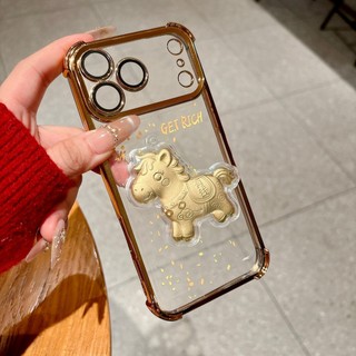 Làm Giàu 3D Vàng Bảo Vệ Ống Kính Ngựa Mạ Trong Suốt Wrsit Dây Xích Điện Thoại Cho iPhone 17Promax 17Pro 12 13 14 15 16 Pro Max 16Plus 11 Vỏ Di Động Mềm