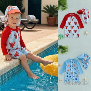 Trẻ mới biết đi Đồ bơi bé trai cổ tròn dài tay in hình tôm hùm trên dây kéo Rash Guard Đồ bơi và mũ chống nắng