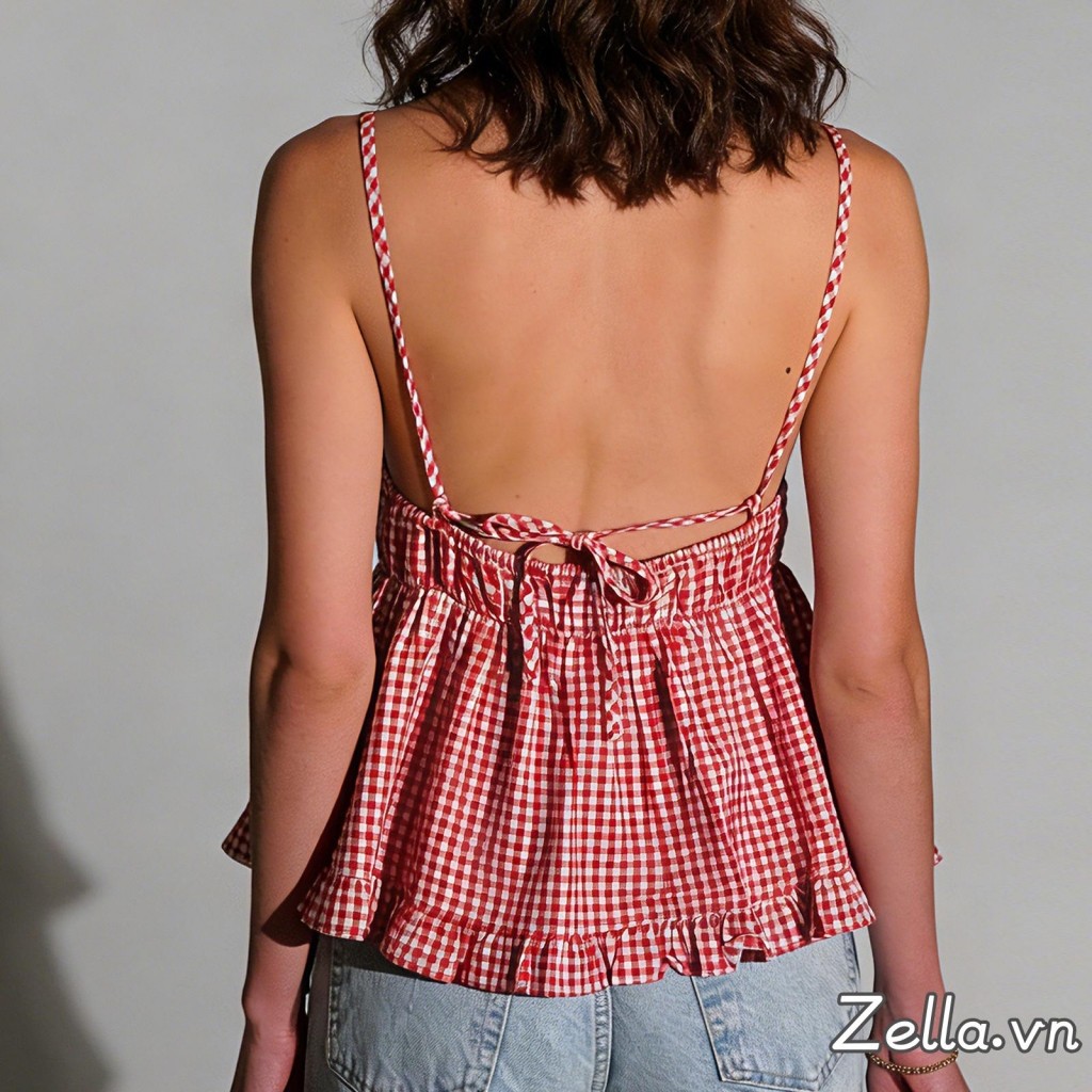 Nữ Babydoll Tank Top Kẻ Sọc Phong Cách Xù Viền Rời, Phù Hợp Mùa Hè