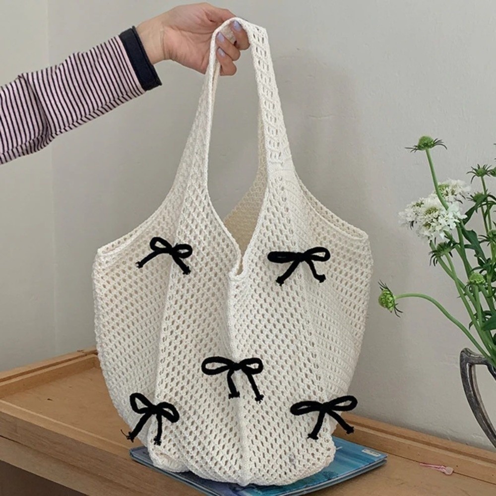 Túi đeo vai dệt kim HOBBYIN, Túi xách dệt rỗng nơ, Túi Tote họa tiết móc nhẹ thời trang phong cách Bohemian đi biển