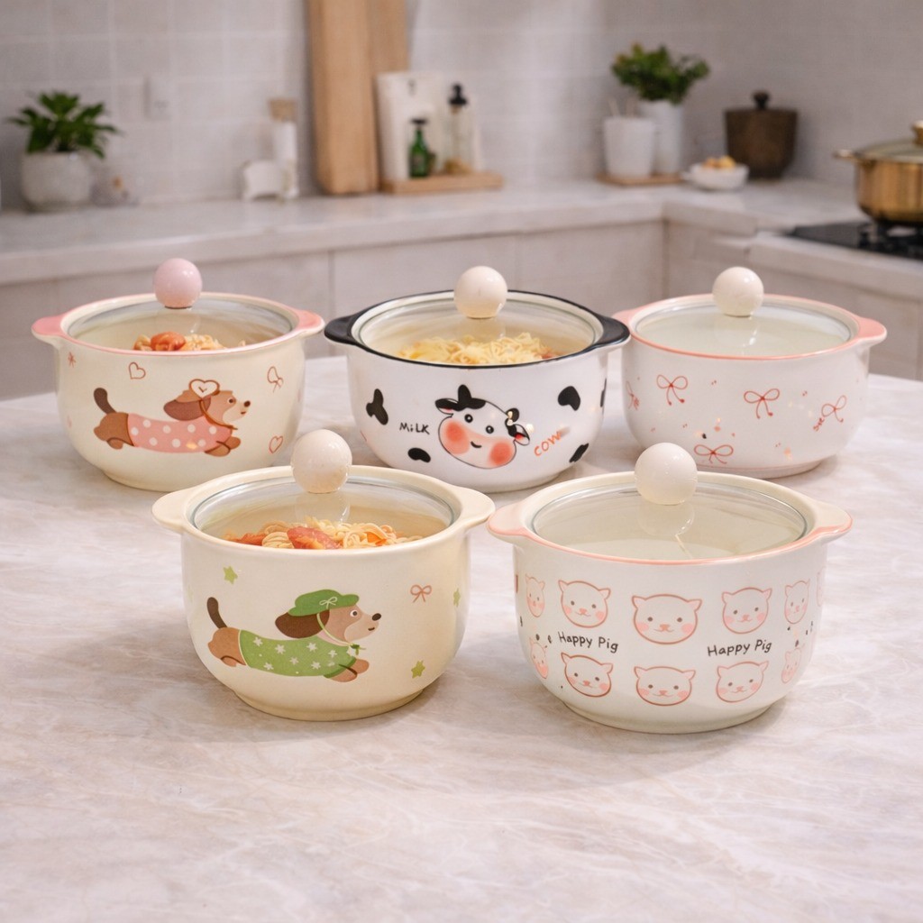 Tô Ăn Mỳ Ăn Cơm Sứ 800ml Có Nắp Kính – Bát Tô Cute Dùng Hàng Ngày, Decor Bàn Ăn