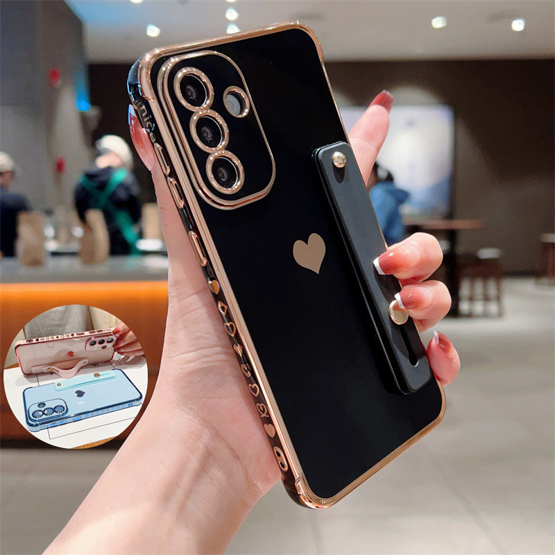 Giá đỡ dây đeo cổ tay Mạ điện cho Samsung Galaxy A57 A37 A56 A36 A27 A26 A25 A24 A17 A16 A15 A14 A55 A35 Stand Love Heart Side Phone Cover