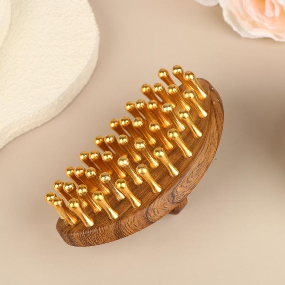 Bàn chải massage toàn thân AWNGD, Máy mát xa da đầu con lăn hạt vàng bằng đồng thau nguyên khối 39-Tooth, Tay cầm bằng gỗ Giảm áp Bàn chải kinh tuyến Massage cơ thể