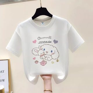 Áo thun cổ tròn in hình hoạt hình chú chó quế dễ thương dành cho bé gái, kiểu dáng giản dị, đa năng và thoải mái.