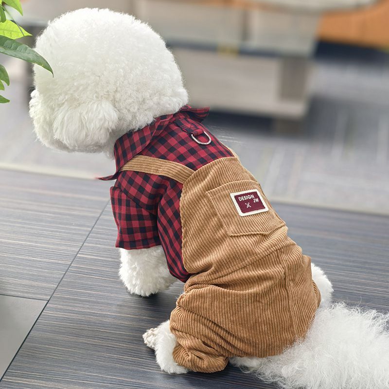 Thú Cưng Quần Áo Cho Chó Mùa Xuân Thu Mỏng Phong Cách Teddy Bichon Chó Nhỏ Dễ Thương Kẻ Sọc Áo Sơ Mi Corduroy Quần Áo Bốn Chân