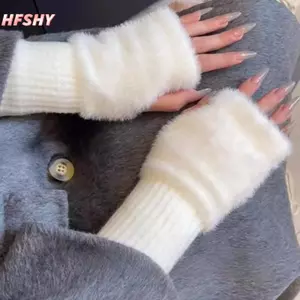 HFSHY Găng Tay Nửa Ngón Lông Cừu Giả Mềm Mại, Ấm Áp Mùa Đông, Phong Cách Sang Trọng Màu Trơn