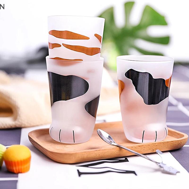 NS Động Vật Cốc Thủy Tinh 300ML Sáng Tạo Hoạt Hình Dễ Thương Mèo Paw Bình Nước Sữa Nước Mờ Uống Lạnh Cốc Cà Phê NS