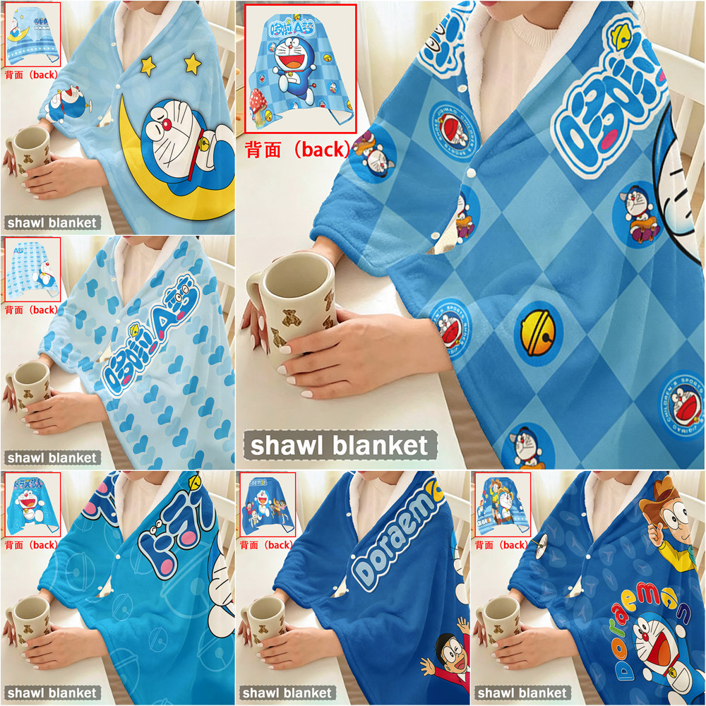 Chăn có nút bấm Doremon Flannel hoạt hình dễ thương, Khăn choàng Flannel đa chức năng, có thể đeo để sử dụng tại văn phòng, Thiết bị du lịch ngoài trời.