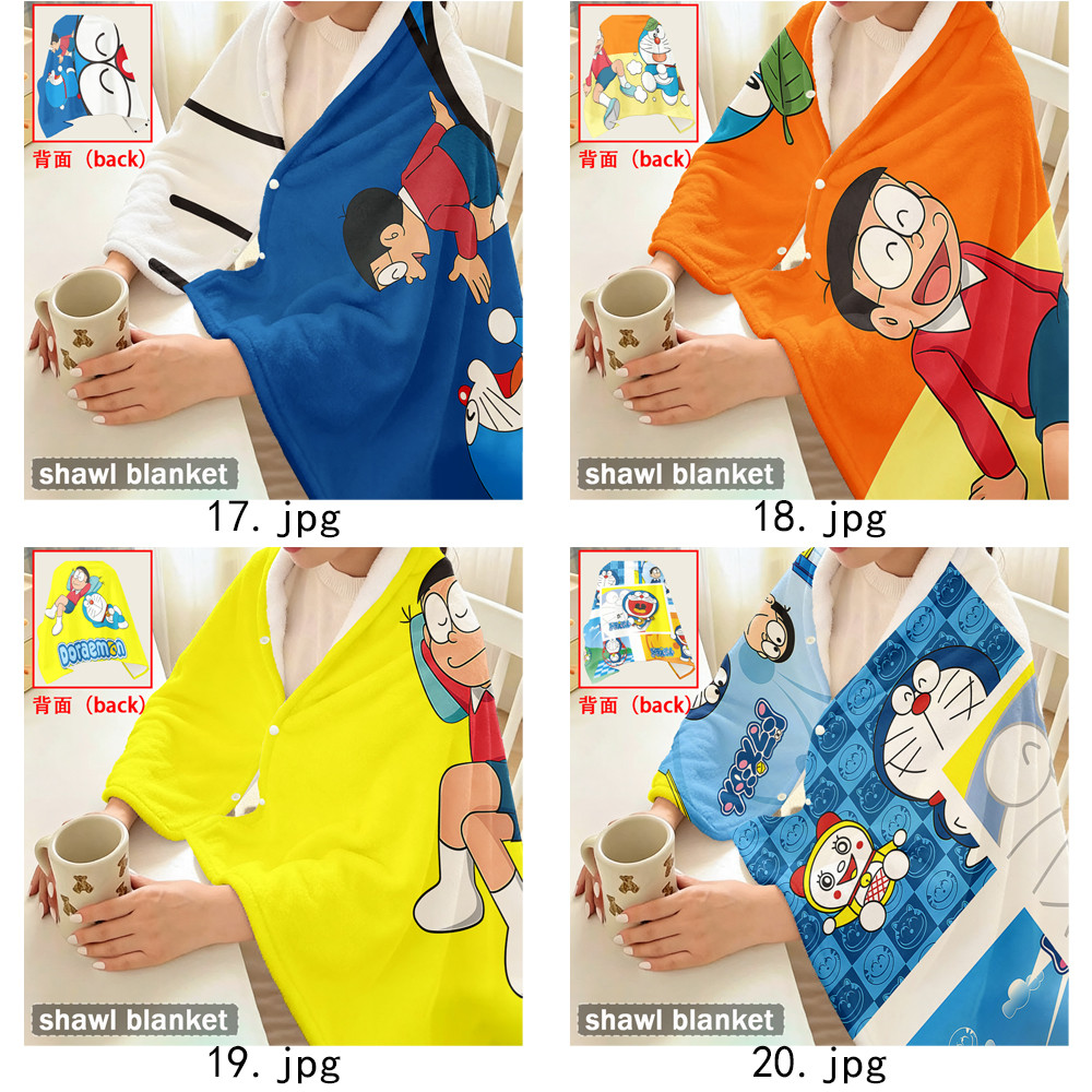 Chăn có nút bấm Doremon Flannel hoạt hình dễ thương, Khăn choàng Flannel đa chức năng, có thể đeo để sử dụng tại văn phòng, Thiết bị du lịch ngoài trời.
