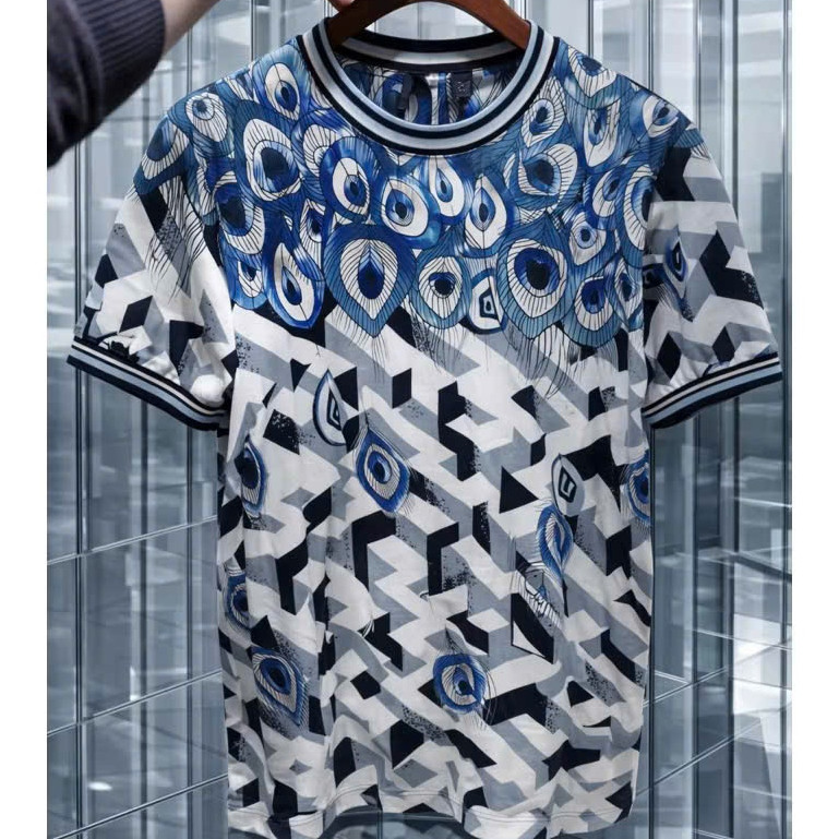 Áo Thun Lông Công Xanh Trắng Họa Tiết Hình Học KCloset Áo Phông Cotton Dày Dặn Unisex NA124