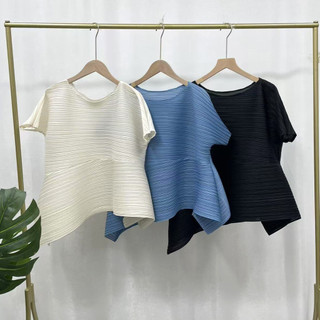Áo thun nữ Miyake xếp ly, tay ngắn, thoáng mát mùa hè