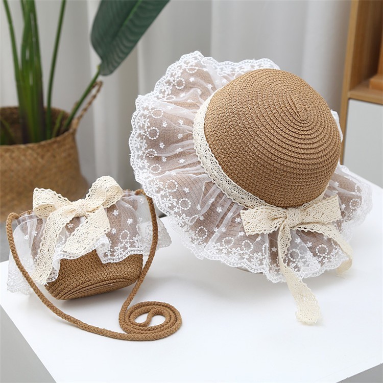 Mũ bé gái có vòng đầu 52Cm vành lượn sóng phối ren nơ ren có dây điều chỉnh vòng đầu