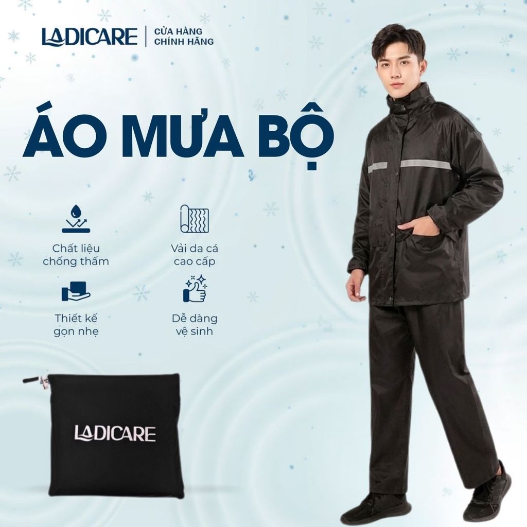 Áo mưa bộ LADICARE Loại Tốt – vải da cá chống thấm nước tốt, có phản quang phù hợp cho nam nữ đi xe máy