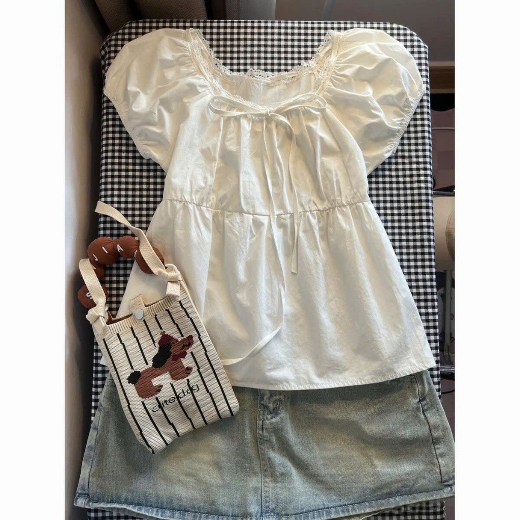 Áo babydoll ngắn tay cổ ren phối nơ kiểu Pháp dễ thương XIMIMI SP442