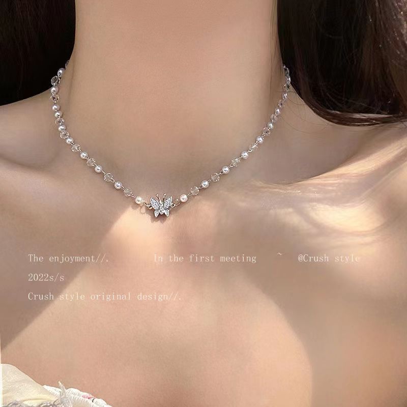 Vòng cổ ngọc trai phong cách Hàn Quốc mới, có bướm xương đòn và dây xích sang trọng