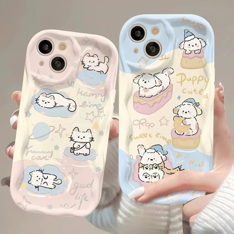 Ốp Lưng Mèo Cún Mây Viền Sóng Nổi Cho OPPO A18 A60 A5 A38 A17 A57 A16 A15 A3S A54 A52 A35 A53 A74 A58 A76 Reno 7Z 8 12