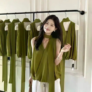 Áo sơ mi cổ chữ V không tay màu xanh lá, thiết kế ribbon phong cách Pháp, phù hợp mùa hè
