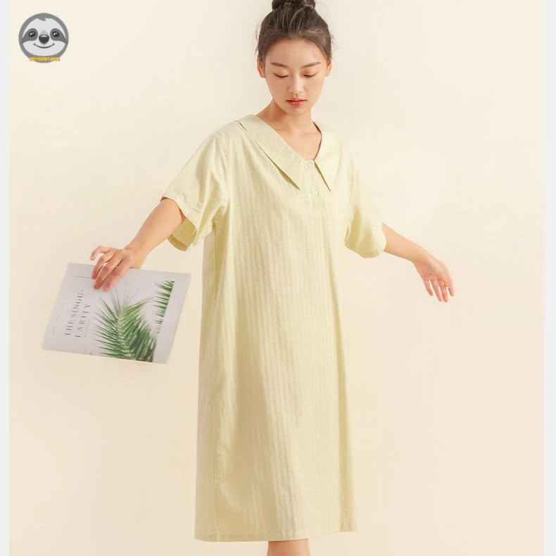 Phong cách Nhật Bản Muji Style / Váy ngủ rộng tay ngắn Cotton nguyên chất mùa hè dành cho nữ / Váy cổ chữ V mát mẻ mùa hè / Có thể mặc bên ngoài Váy một mảnh mềm mại thoải mái