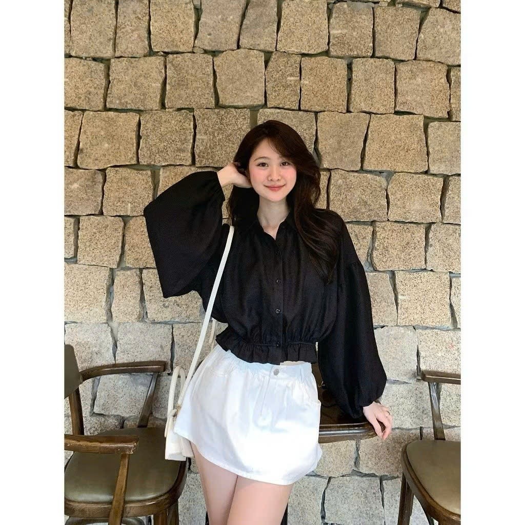 Áo Sơ Mi A154555 Dáng Croptop Tay Dài Bồng Chun Dưới Trẻ Trung Style Thu Đông_Lazy Có Bigsize