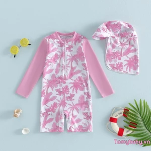 Bộ đồ bơi mùa hè cho bé gái in hình cây cọ dài tay cổ tròn bảo vệ phát ban Bộ đồ tắm có mũ