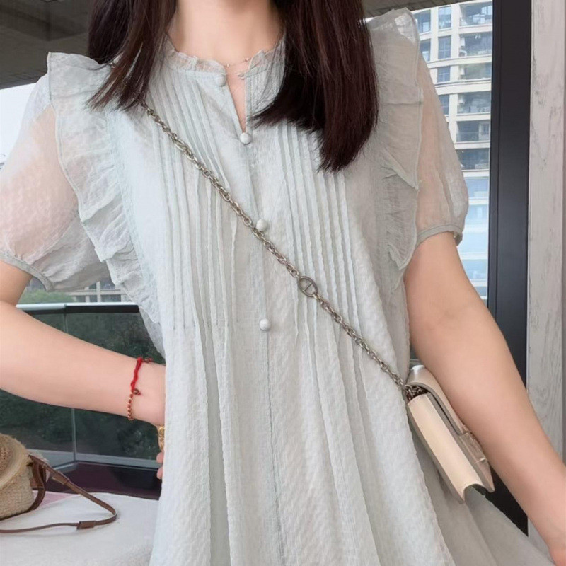 Váy hoa kiểu Pháp dành cho nữ, váy mới tay phồng, ôm eo tôn dáng.