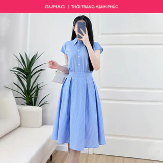 Đầm nữ GUMAC A xòe cổ sơ mi rã đô trước phối sọc xéo công sở thanh lịch kate mềm mát  LDF0701