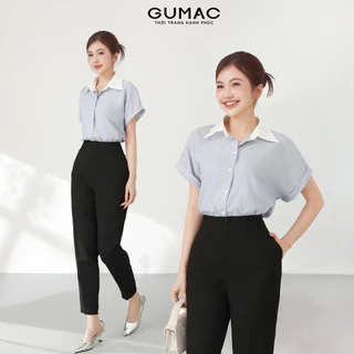 Áo sơ mi nữ GUMAC sọc xanh vải cotton mềm mịn thoáng khí tay liền cổ phối  LAF0322