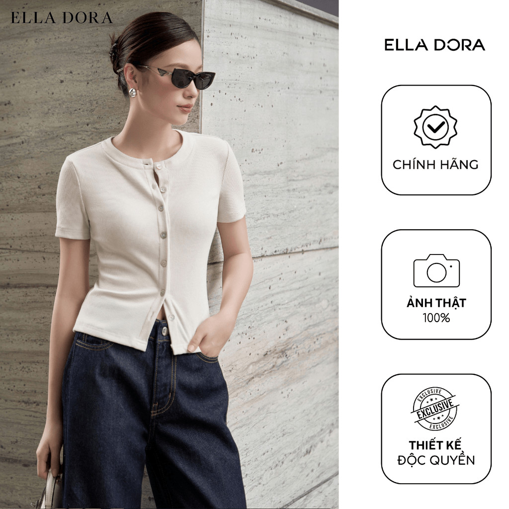 Áo thun nữ ELLA DORA thiết kế cổ tròn tay ngắn nẹp cúc form gọn thanh lịch 3 màu ĐỎ/ ĐEN/ BE  [AT51]