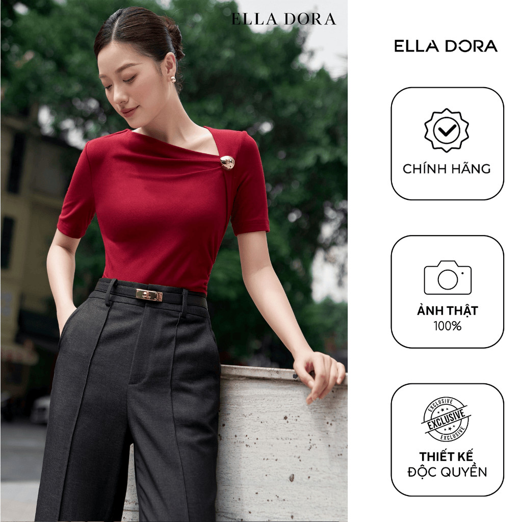 Áo thun ELLA DORA thiết kế cổ lệch đính tag đồng nâu sang trọng thanh lịch 3 màu ĐỎ/ ĐEN/ NÂU [AT45]