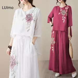 LUImo Bộ Đồ Thời Trang Retro - Áo Sơ Mi Thêu Kết Hợp Với Quần Ống Rộng Đa Năng Dành Cho Nữ