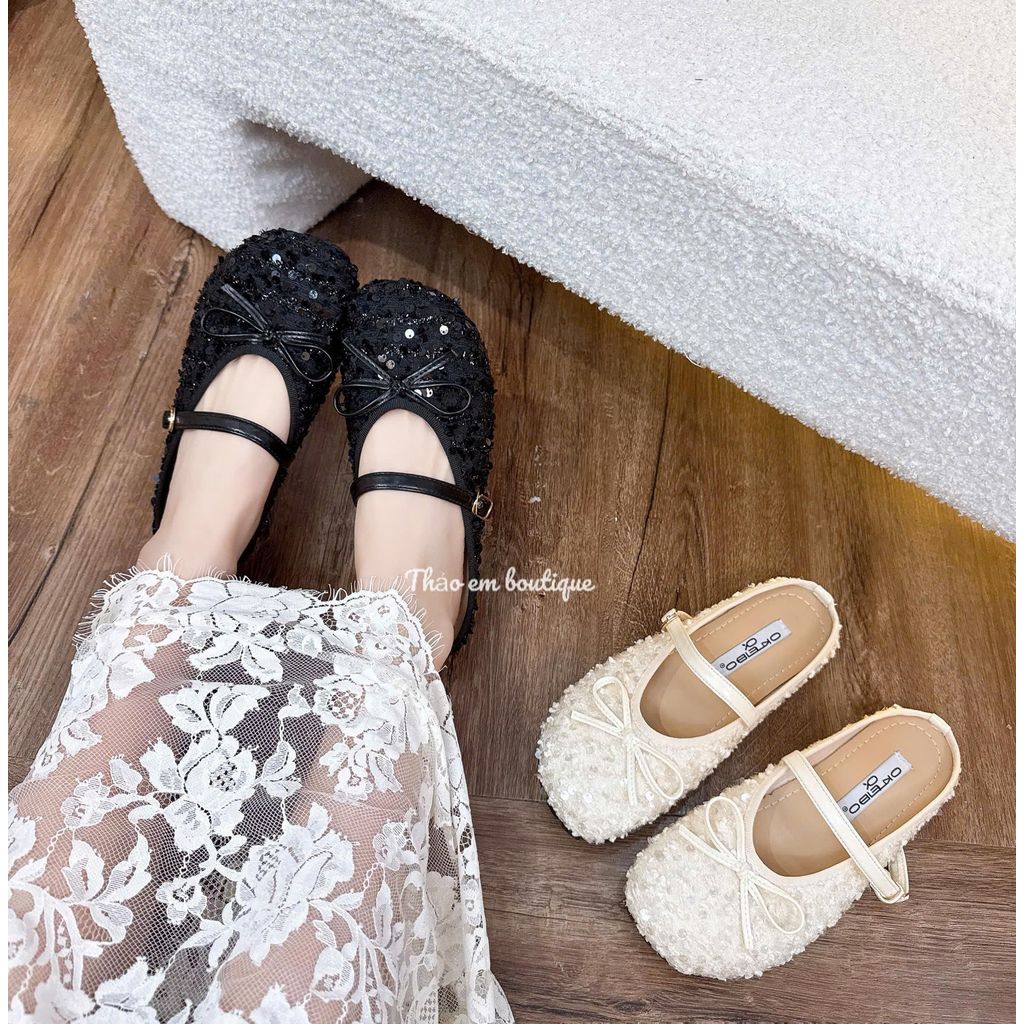 [Thảo Em - SB1311] Sục bệt mũi tròn đế bệt đính nơ lấp lánh bligblig lâp lánh sang trọng