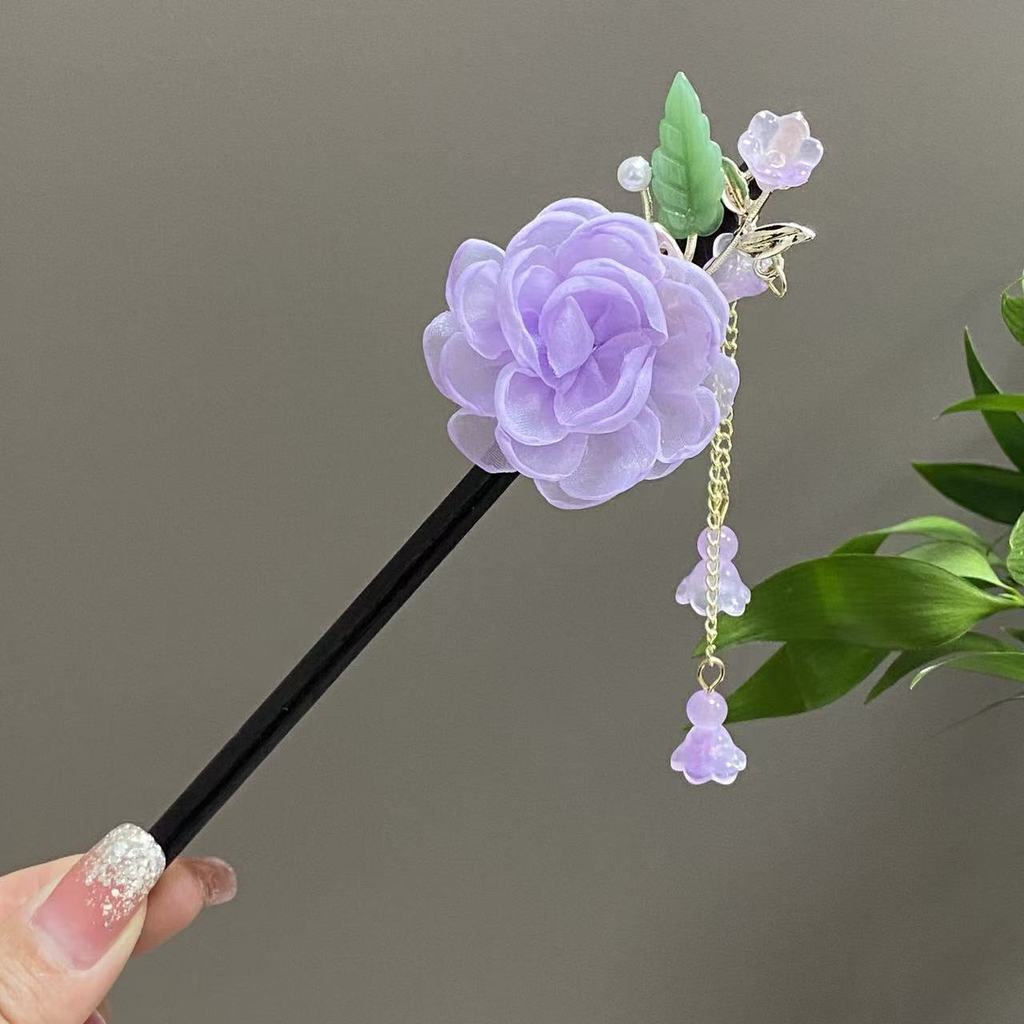 Kẹp Tóc Bằng Gỗ Cổ Lụa Hoa Camellia - Phong Cách Hanfu - Phụ Kiện Tóc Nữ