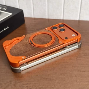 Hợp kim nhôm sang trọng không vành 360°Ốp điện thoại giá đỡ từ tính cho IPhone 14 15 16 17 Pro Max Vỏ kết cấu gỗ óc chó chống sốc