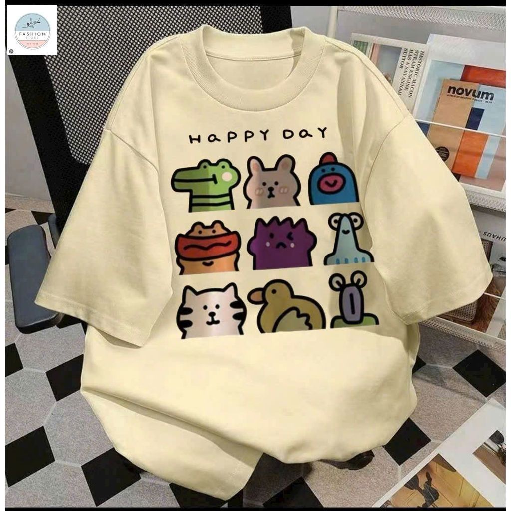 Áo phông unisex tay lỡ cotton su  free size 40-58KG-Chữ HAPPY DAY-quanao94