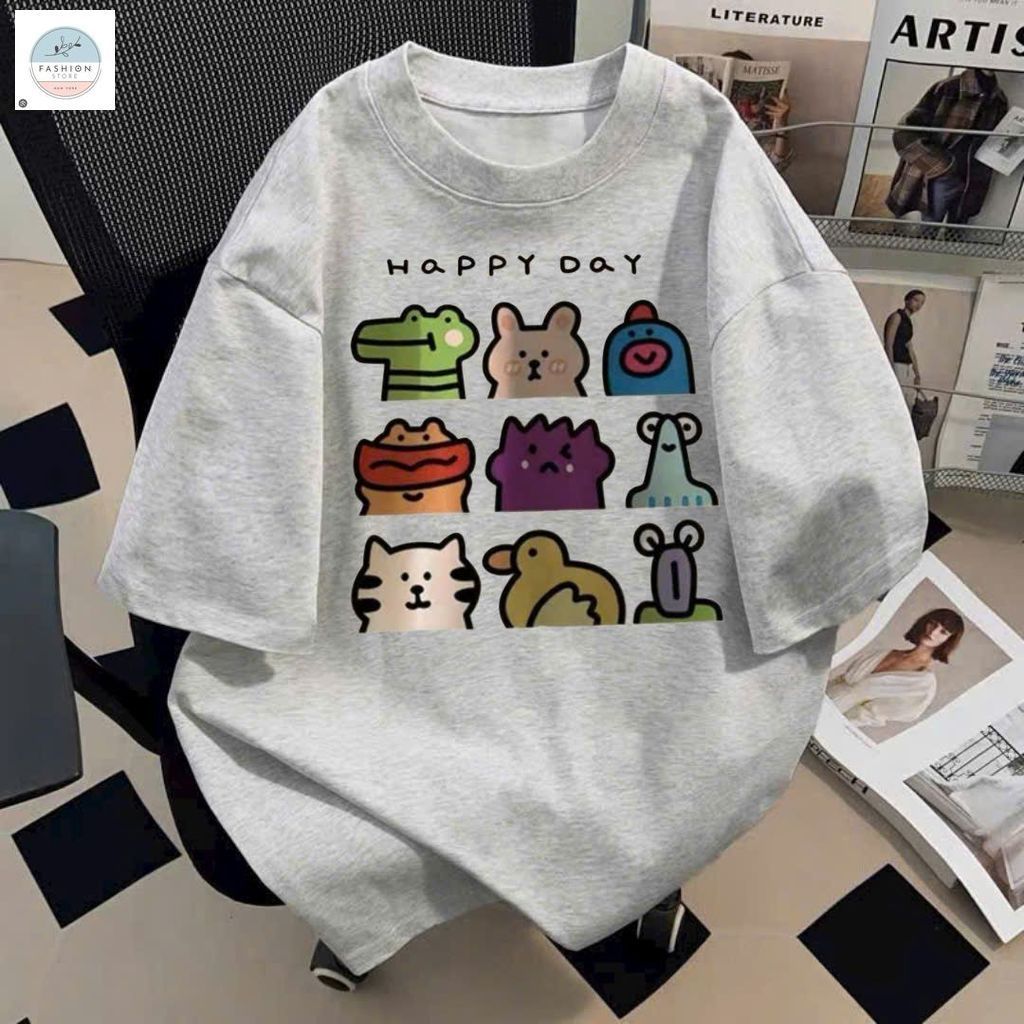 Áo phông unisex tay lỡ cotton su  free size 40-58KG-Chữ HAPPY DAY-quanao94