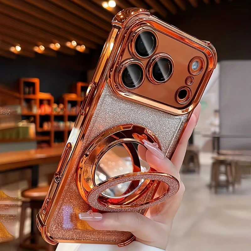 Ốp điện thoại từ tính chống sốc bốn góc mạ sang trọng cho iPhone 17 16 15 14 13 12 11 Pro Max Plus Air Glitter Holder Stand Cover