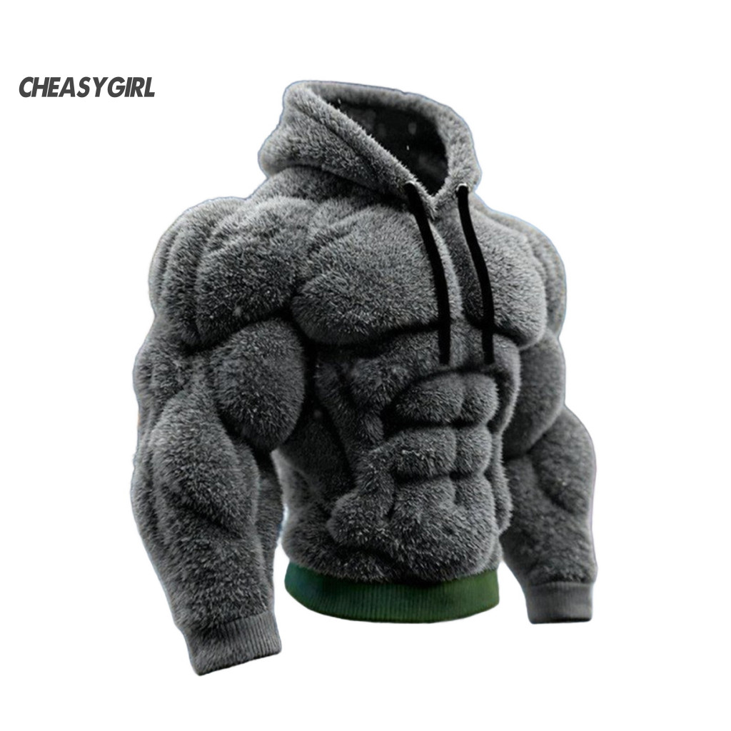 Áo hoodie nam họa tiết cơ bắp 3D in thực tế, ấm áp, phù hợp dạo phố và thời trang đơn giản cho mùa lạnh