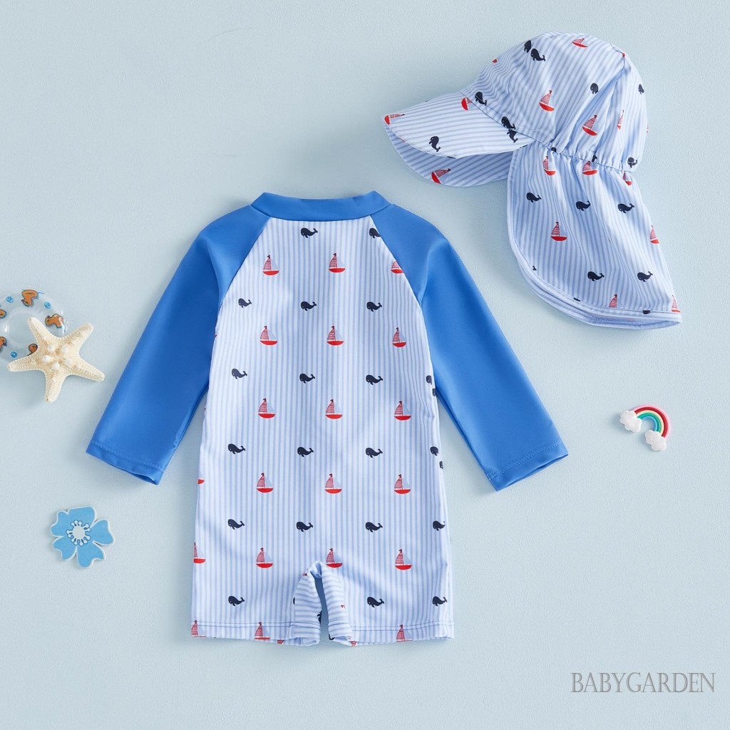 Đồ bơi bảo vệ phát ban cho bé gái có mũ Ong / Dưa hấu / Thuyền buồm In sọc Zip Up Đồ bơi dài tay