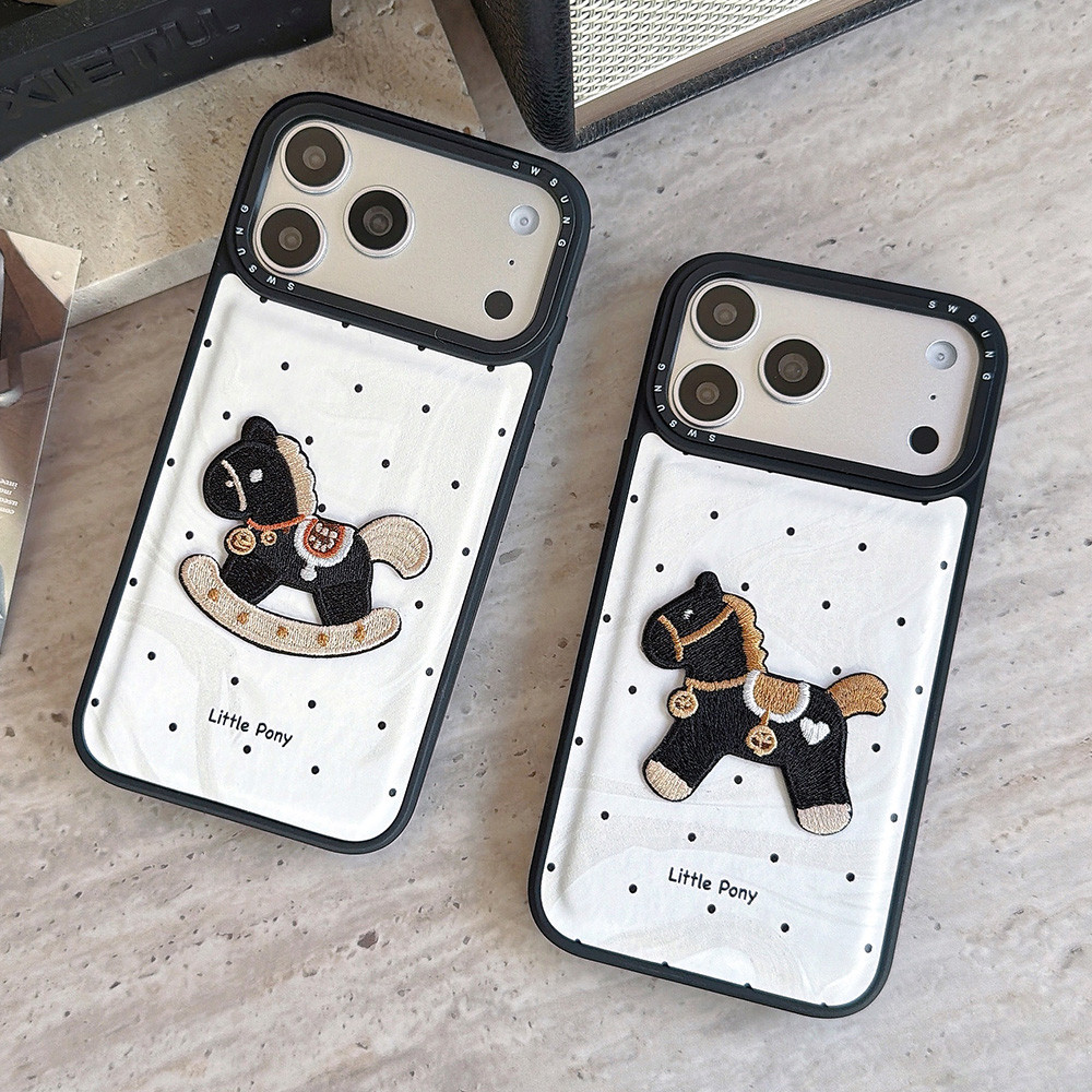 Ốp Điện Thoại Da Nhung Thêu 3D Ngựa Cho iPhone 17 Pro Max 16 15 14 13 Vỏ Bảo Vệ Chống Sốc