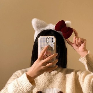 Bờm cài tóc tai mèo lông xù nơ đỏ màu trắng siêu cute cho bạn nữ