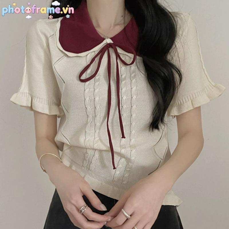 Áo Thun Nữ Mùa Hè Phong Cách Hàn Quốc, Cổ Búp Bê, Tay Ngắn, Nơ Xinh
