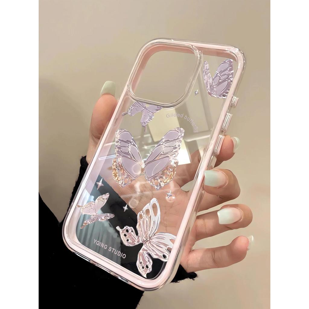 Màu tím tinh thể nhỏ bướm 3 trong 1 cho 17 16ProMax trường hợp điện thoại 15pro 14plus