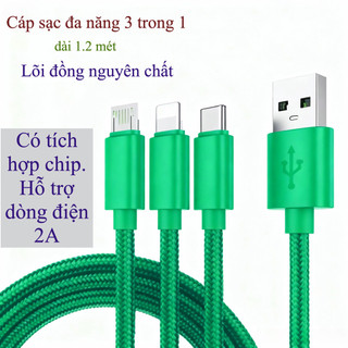 Cáp sạc bọc dù 3 trong 1 đa năng nhiều màu sắc. Dùng cho nhiều dòng ios và android dài 1.2 mét - Hàng sẵn kho