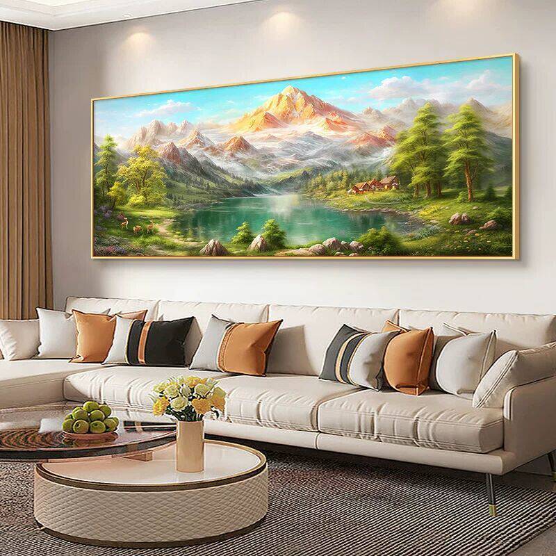 Phong Thủy Lưng Núi Vàng Canvas Treo Tường Nghệ Thuật Không Khung Bát Kho Báu Trang Trí Phong Cảnh Cho Phòng Khách